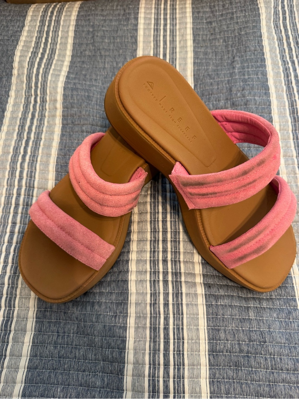 Reef Pink Dual-Strap Slide Sandals with Tan Sole